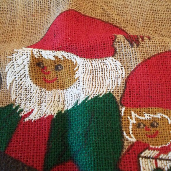 Vintage Scandinavian Elf Gnome Burlap Christmas Bag, Nordic Folk Art Jute 1960s - Picture 2 of 6